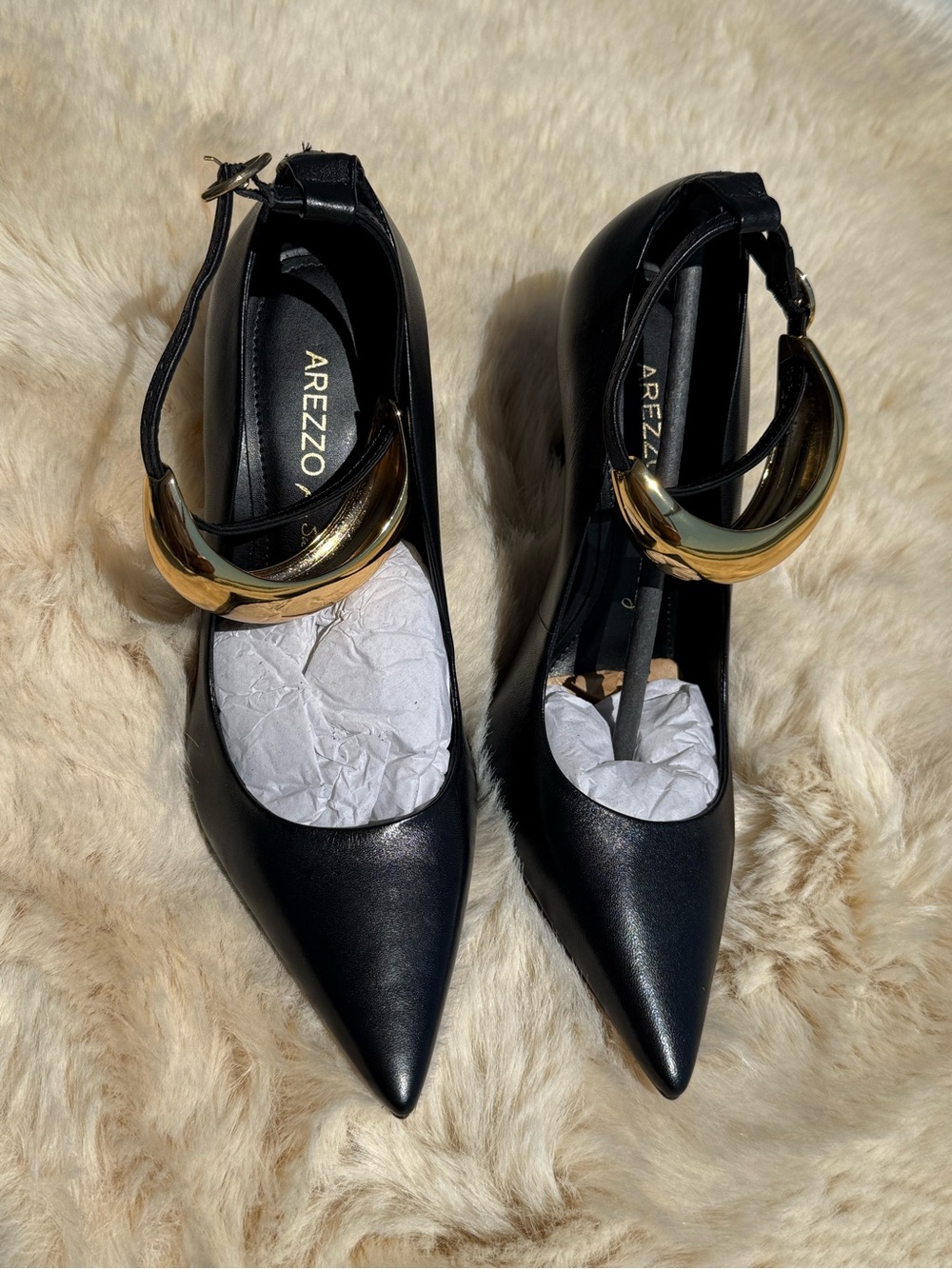 AREZZO Black Pointed-Toe Ankle-Strap Pumps with Gold Accent